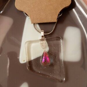 Opalescent rainbow teardrop raindrop artisan made fused glass pendant necklace